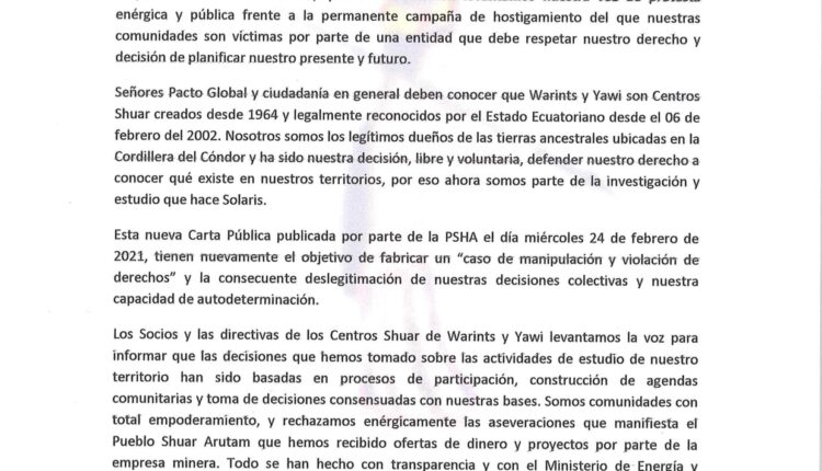 Respuesta de los Centros Shuar de Warints y Yawi, ante la carta dirigida por Psha a Pacto Global Ecuador.