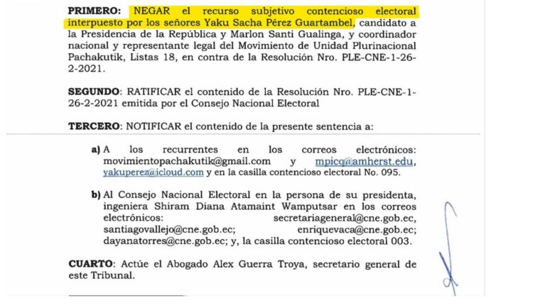 Tribunal Contencioso Electoral niega recurso al antiminero Yaku