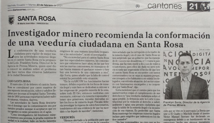 VEEDURÍA CIUDADANA DE SANTA ROSA ANALIZARÁ CONTAMINACIÓN POR MINERÍA ILEGAL