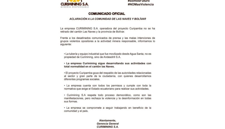 𝗖𝘂𝗿𝗶𝗺𝗶𝗻𝗶𝗻𝗴 S.A. continúa operaciones en Bolívar