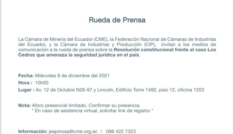 Cámara de Minería del Ecuador convoca a rueda de prensa por el caso Los Cedros