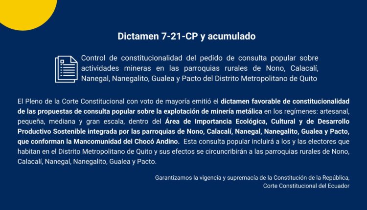 Corte Constitucional aprueba consulta popular antiminera en Distrito Metropolitano de Quito