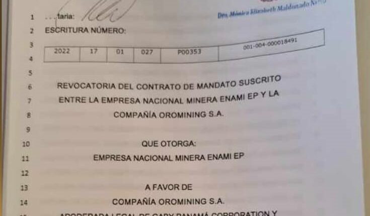 Revocado el írrito contrato de mandato a favor de Oromining