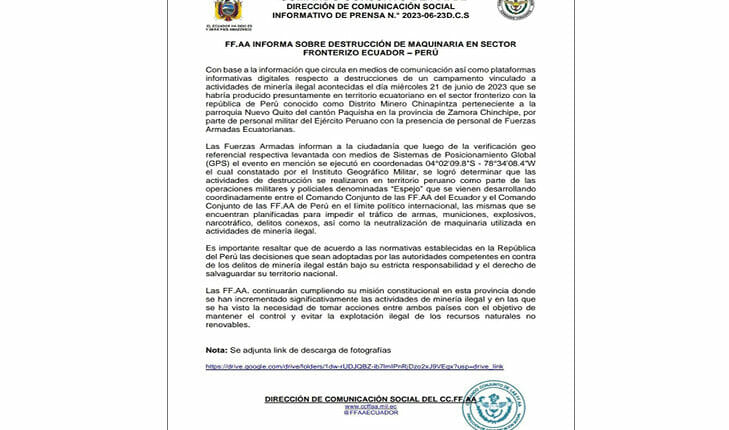 Descartan operativo peruano en territorio ecuatoriano