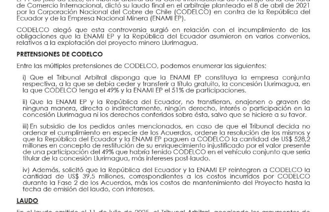 Ecuador vence a CODELCO