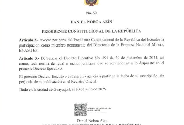 Presidente Noboa asume control de Enami EP: una decisión acertada para fortalecer el sector minero